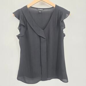 Express XS Black Blouse Top Shirt Tank Top Ruffle Sleeve V Neck Relaxed Sheer